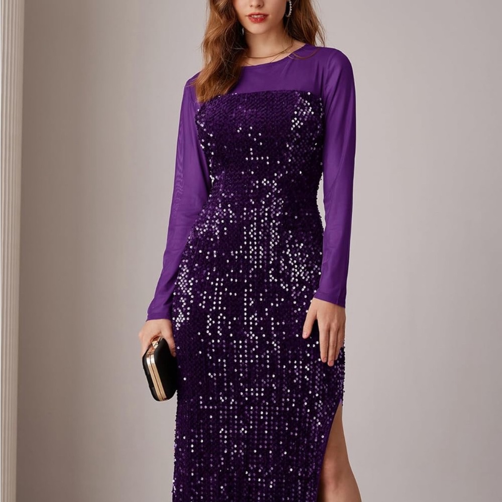 Grace Karin Long Sleeve Purple Sequin Dress
